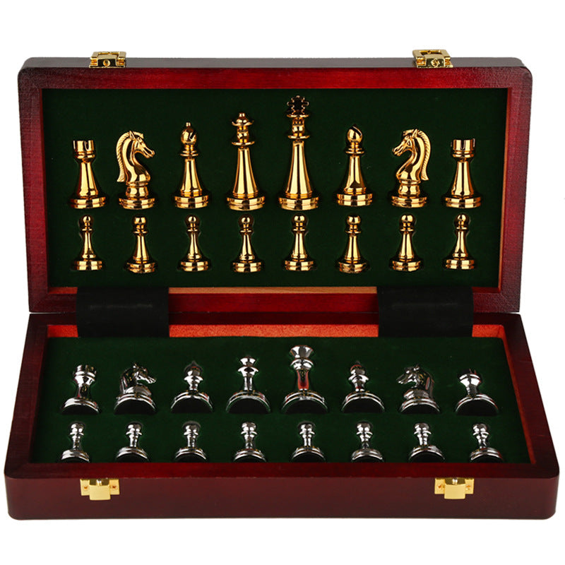 Metal Chess Set High-grade Gift Travel International Chess Game Folding Wooden Mold Chessboard Kirsite Chess Pieces Chessman -Gold Silver Metal Chess Set High-grade Gift Travel International Chess Game Folding Wooden Mold Chessboard Kirsite Chess Pieces Chessman -Gold Silver